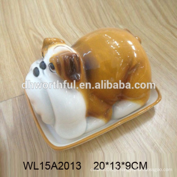 Manteiga de cerâmica personalizada com tampa em forma de cão, placa de pão de cerâmica